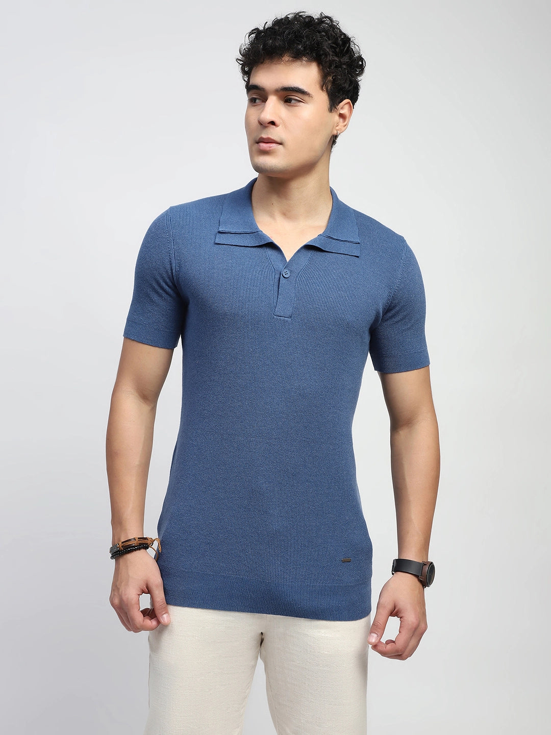 Blue Self Design Cotton T-Shirt - Global Republic