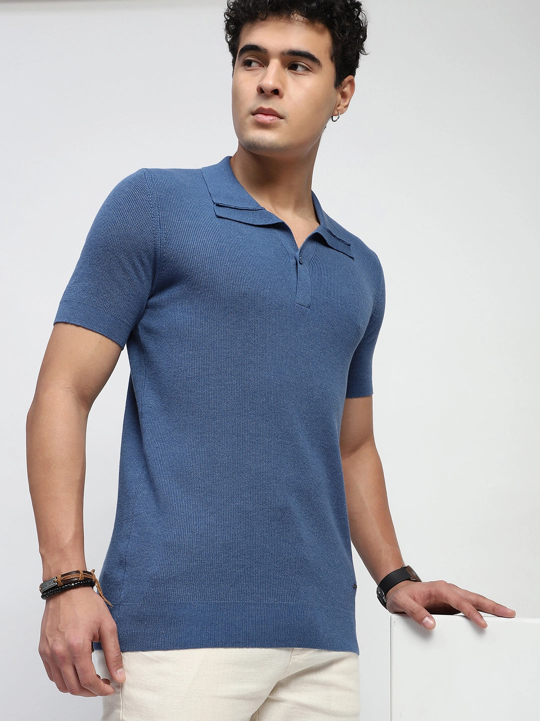Blue Self Design Cotton T-Shirt - Global Republic