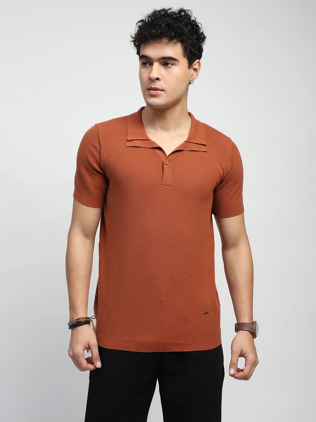 Rust Textured Cotton T-Shirt - Global Republic