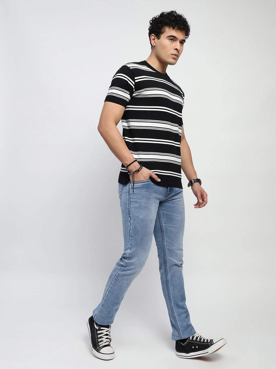Black Striped Knitted Cotton T-Shirt - Global Republic
