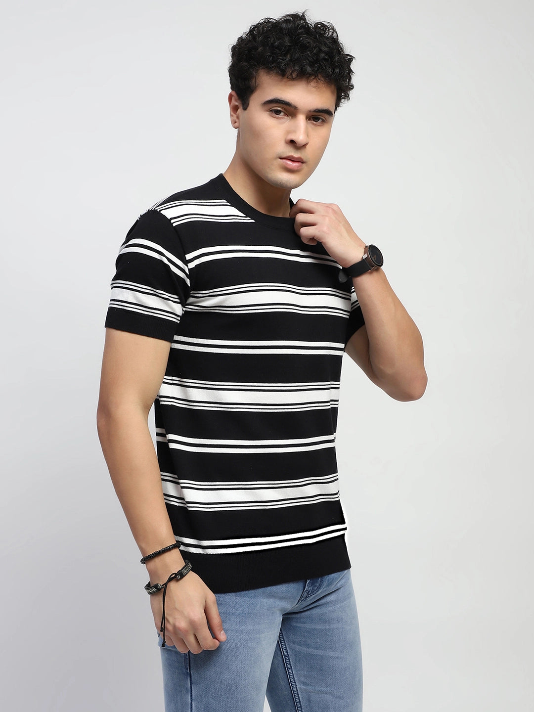 Black Striped Knitted Cotton T-Shirt - Global Republic