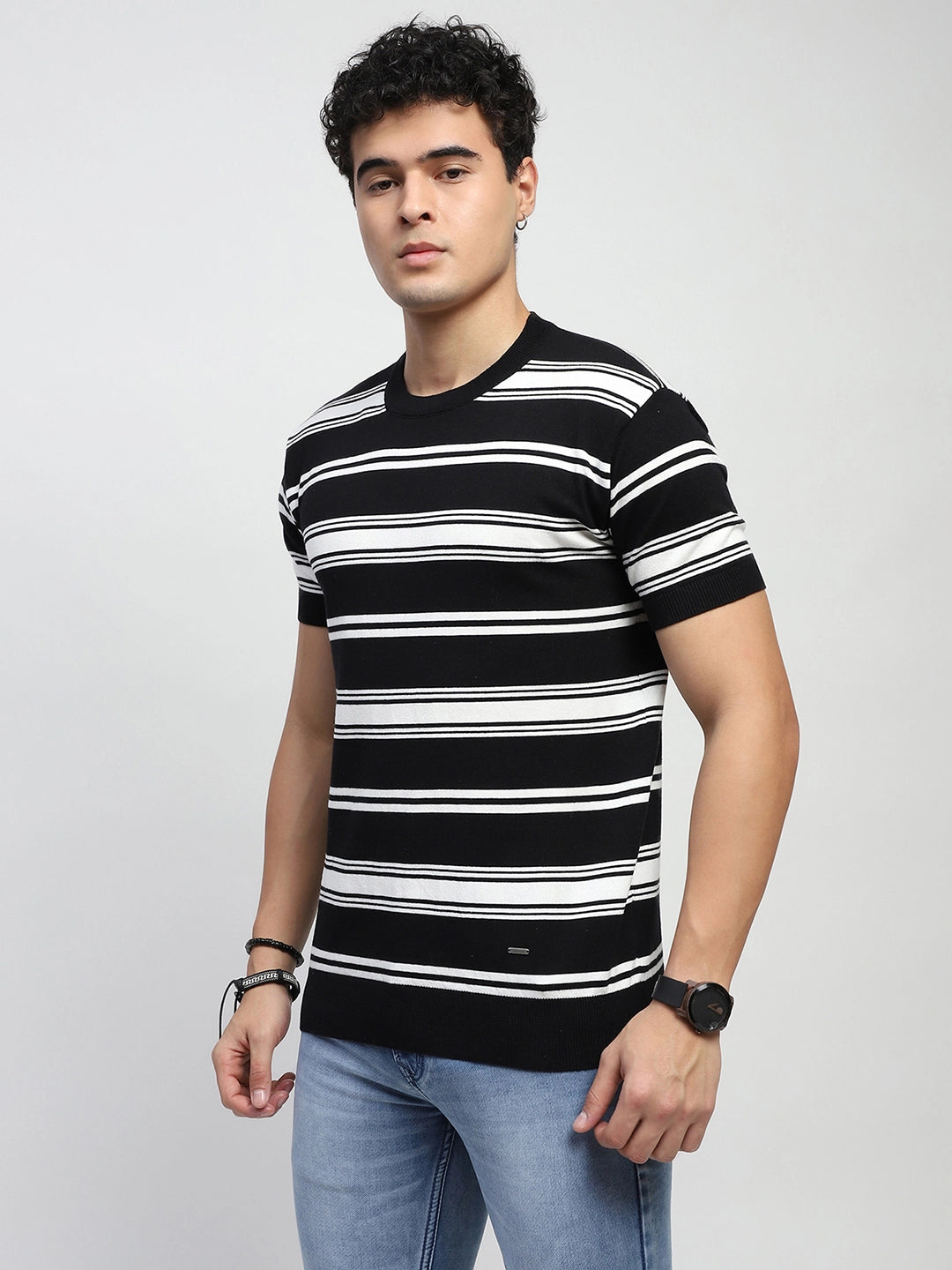 Black Striped Knitted Cotton T-Shirt - Global Republic