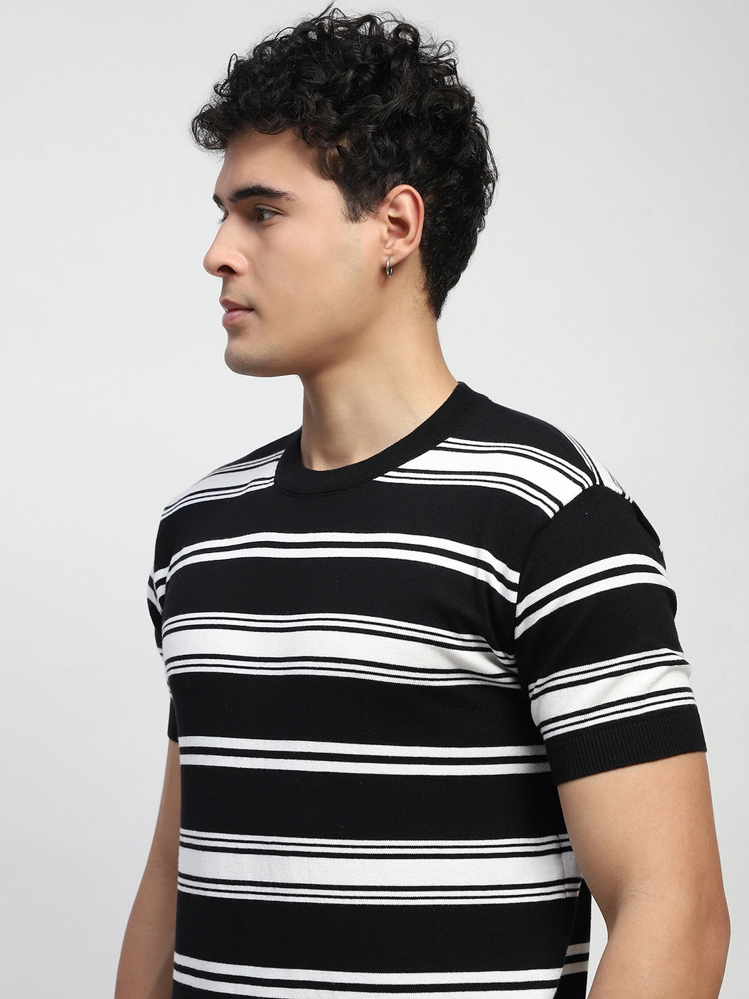 Black Striped Knitted Cotton T-Shirt - Global Republic