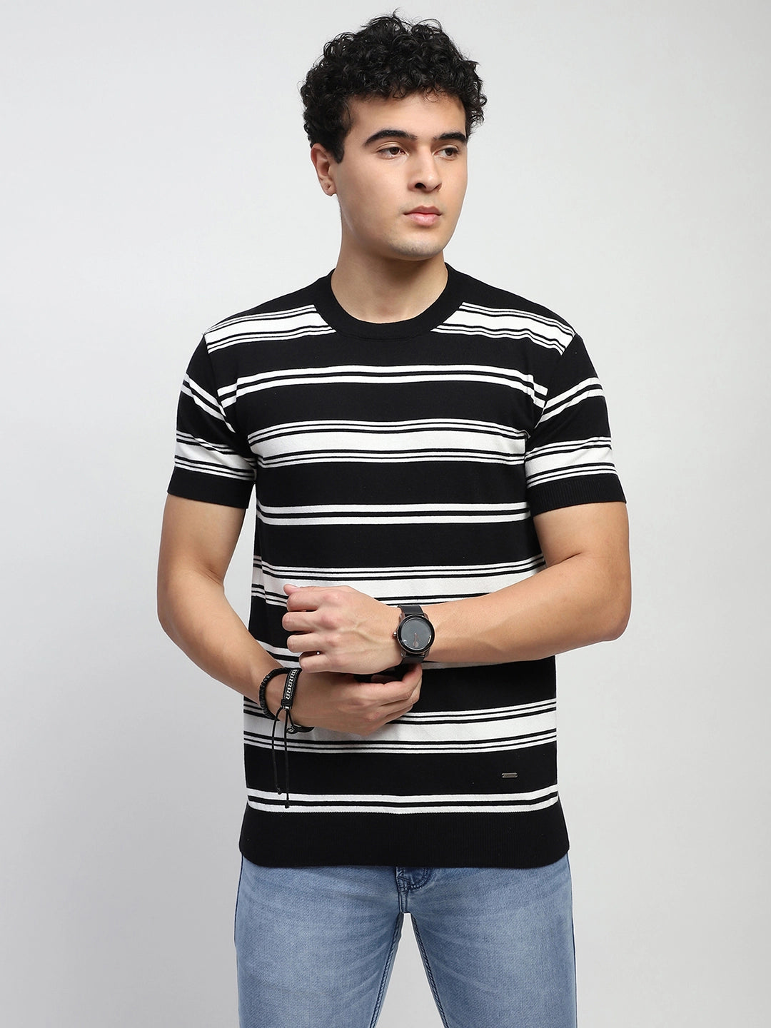 Black Striped Knitted Cotton T-Shirt - Global Republic