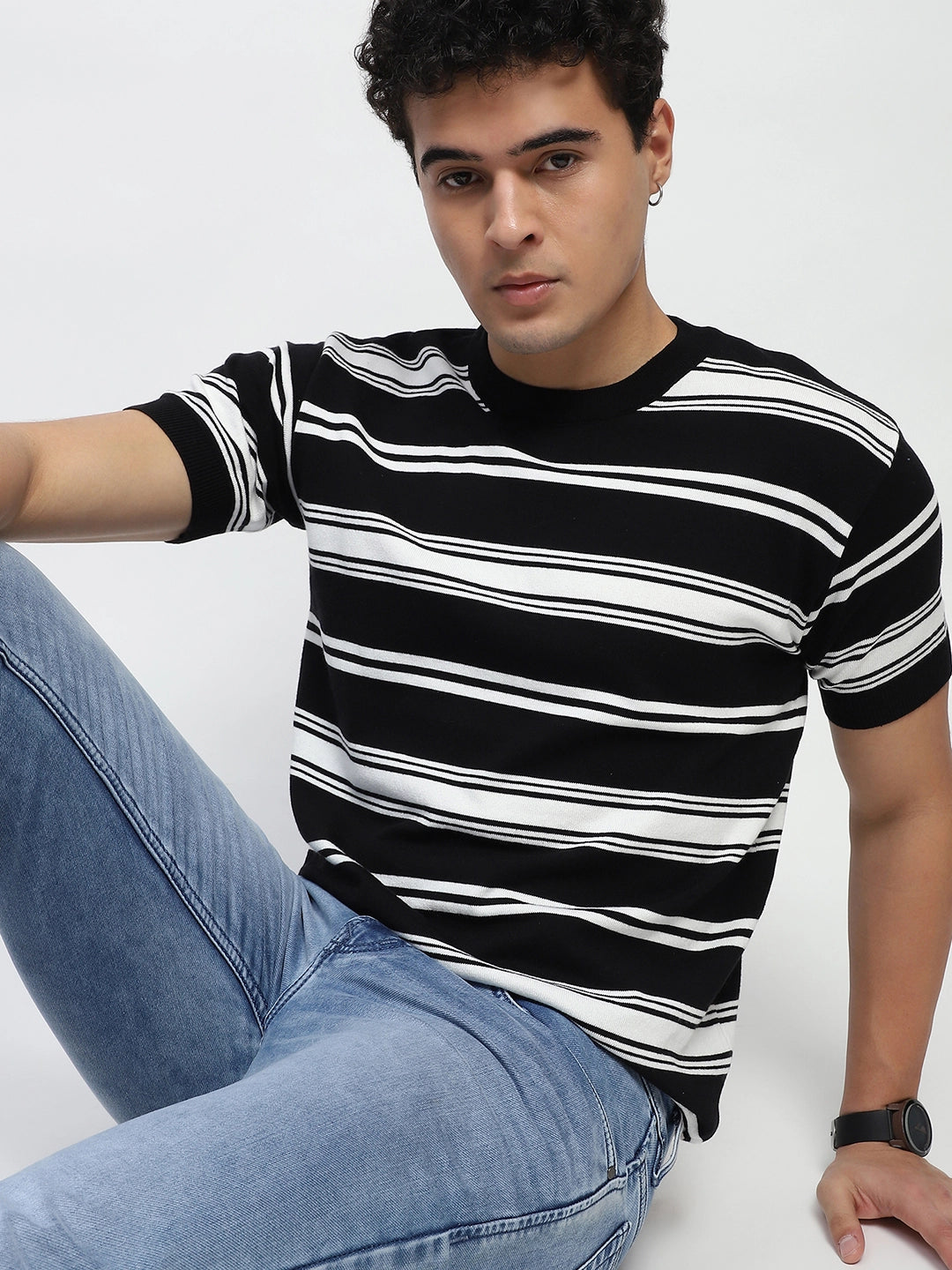 Black Striped Knitted Cotton T-Shirt - Global Republic