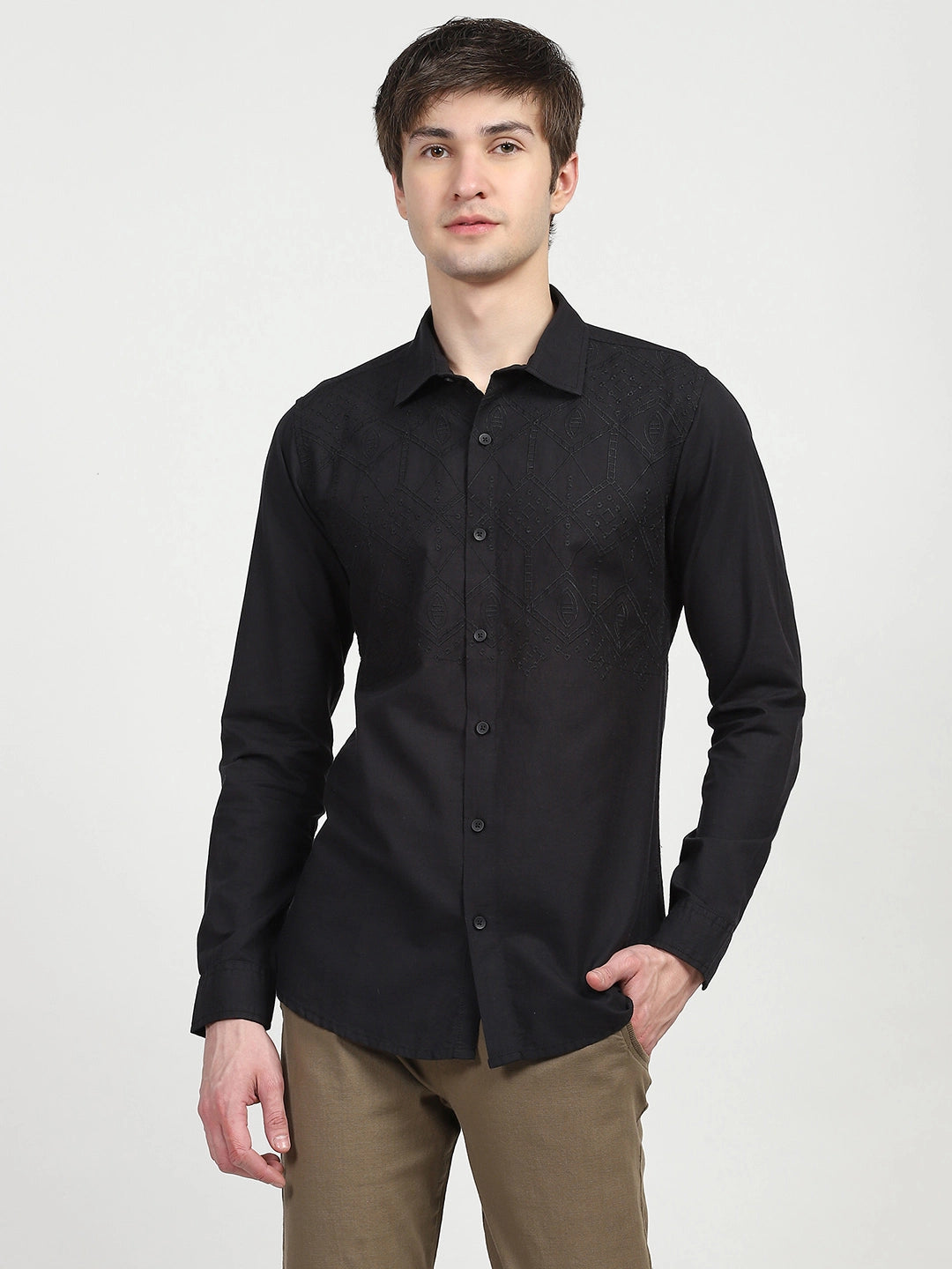 Black Embroidered Cotton Shirt - Global Republic