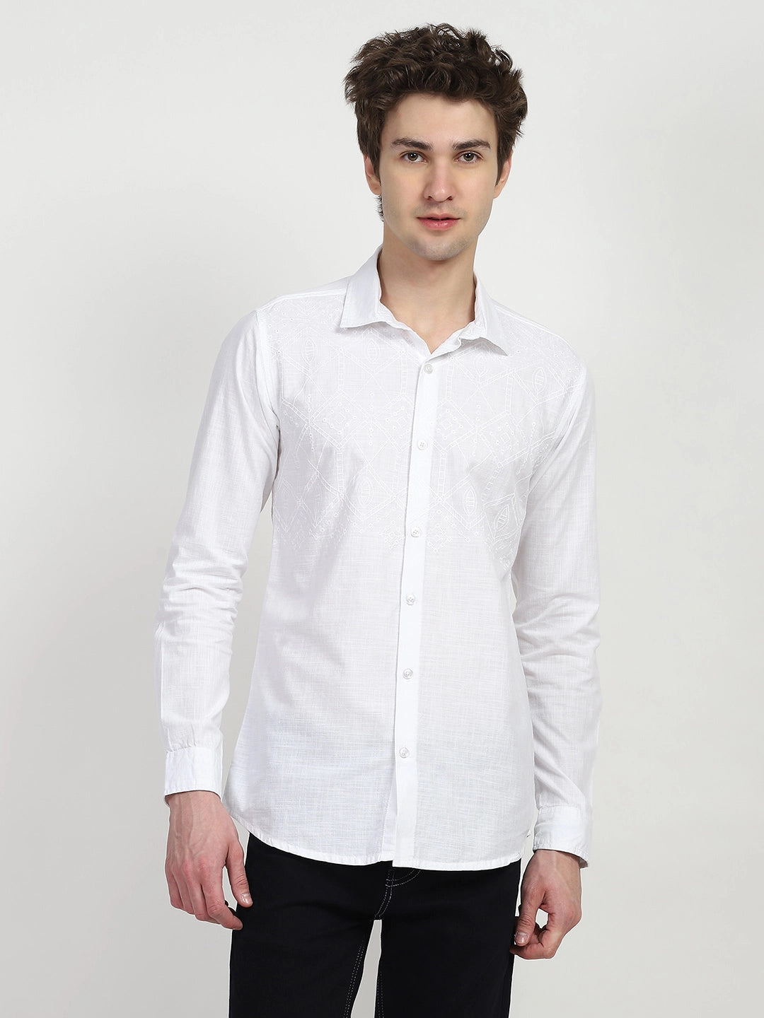 White Cotton Embroidered Shirt - Global Republic