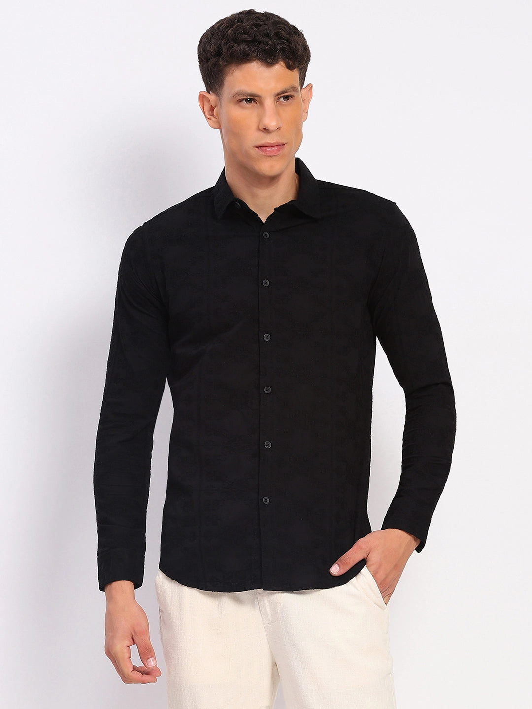 Black Cotton Embroidered Shirt - Global Republic