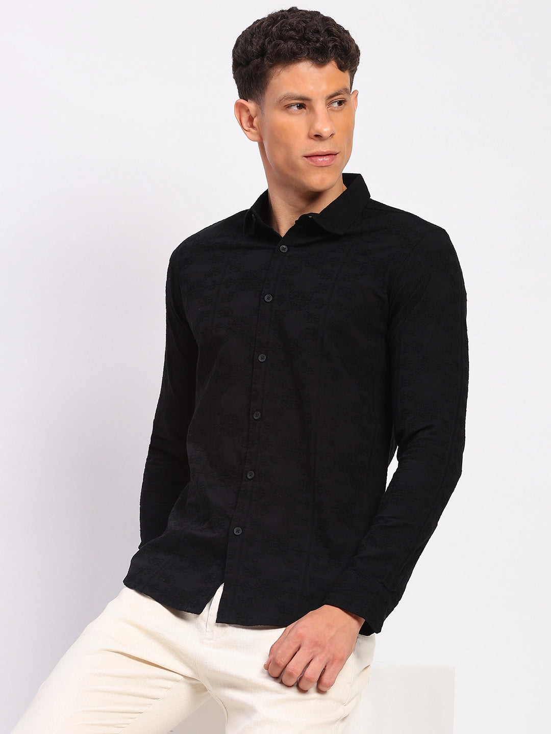 Black Cotton Embroidered Shirt - Global Republic