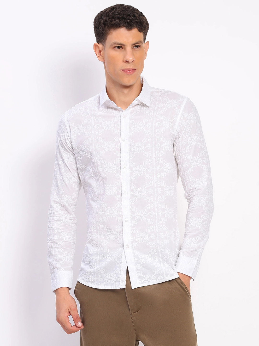 White Cotton Embroidered Shirt - Global Republic