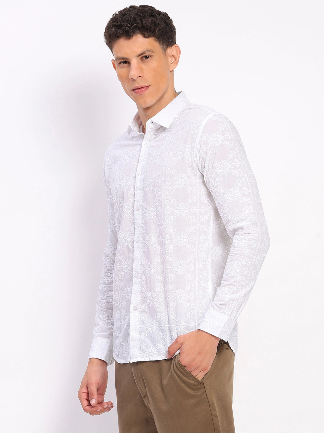 White Cotton Embroidered Shirt - Global Republic