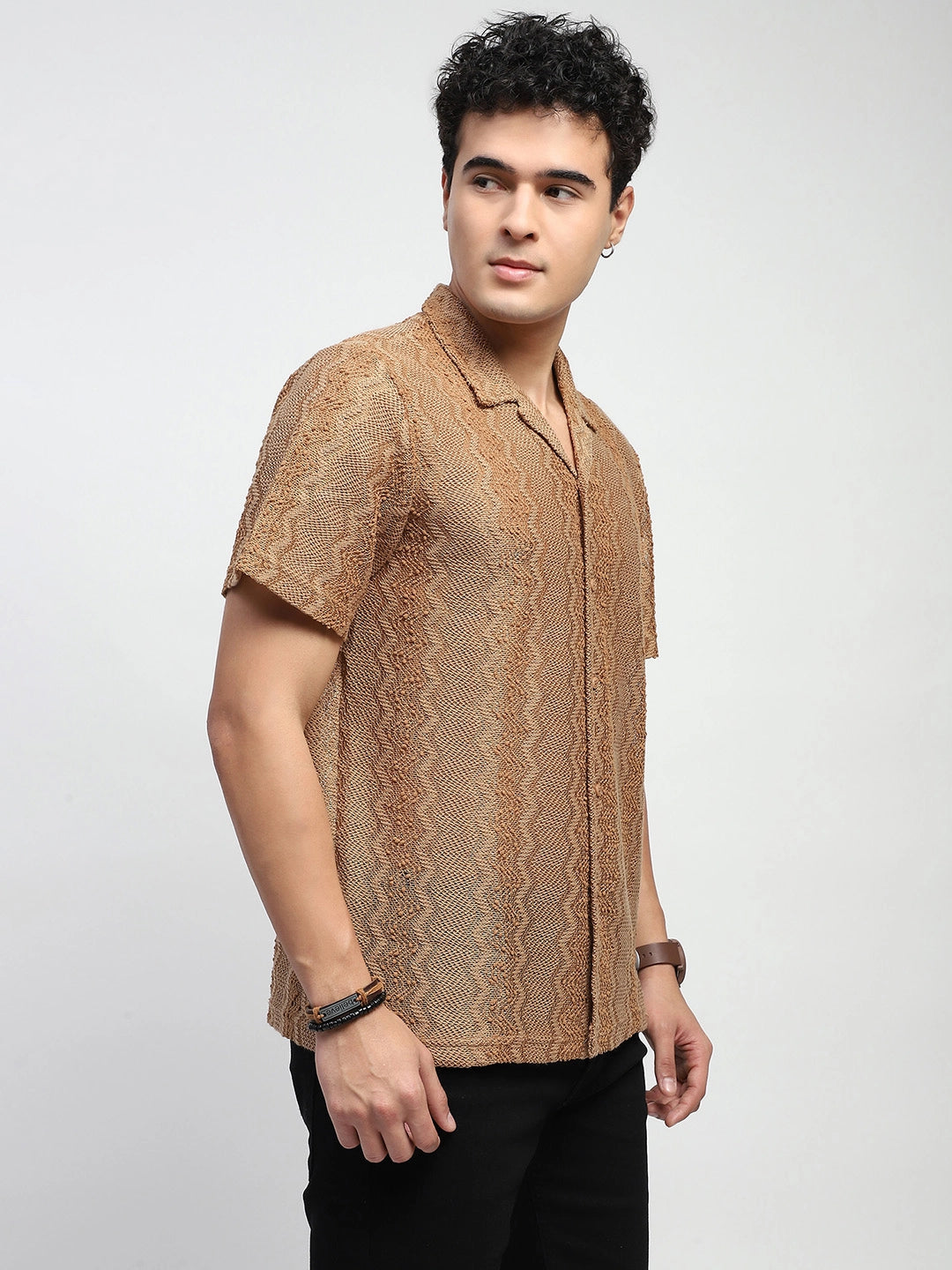 Brown blend Knit Relaxed Fit Shirt - Global Republic