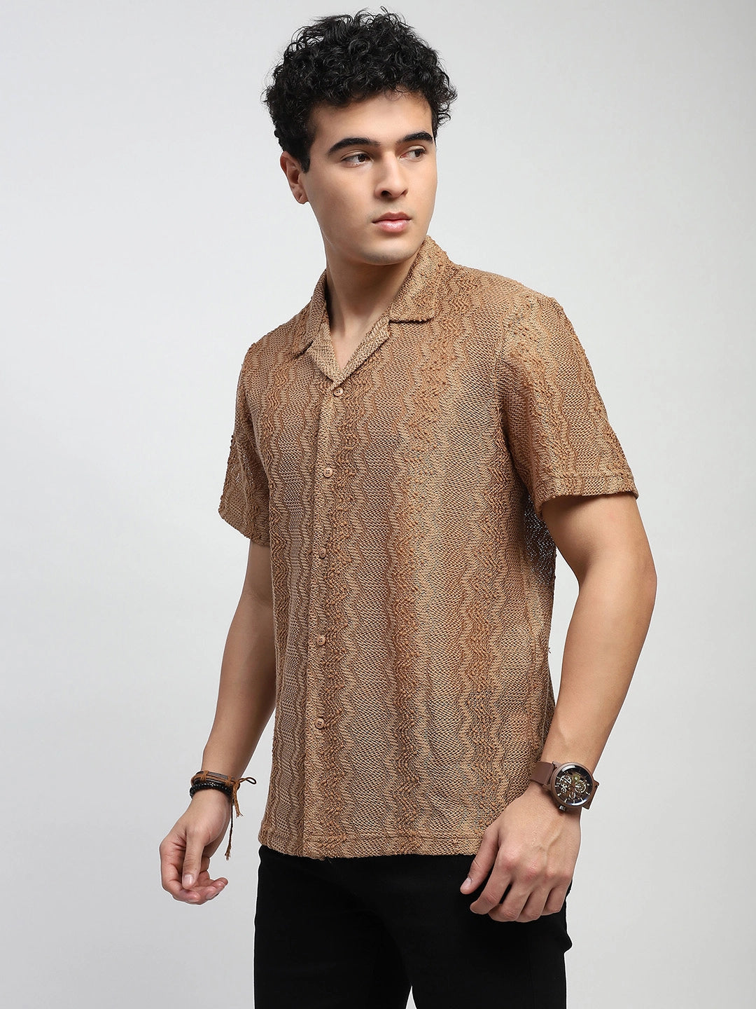 Brown blend Knit Relaxed Fit Shirt - Global Republic
