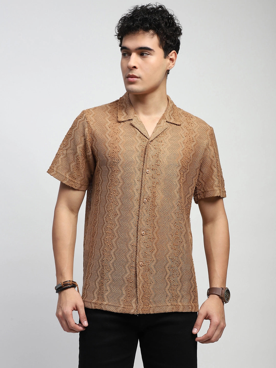 Brown blend Knit Relaxed Fit Shirt - Global Republic
