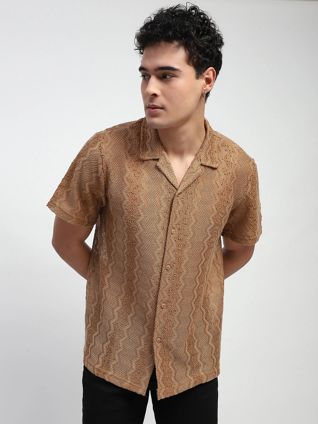 Brown blend Knit Relaxed Fit Shirt - Global Republic