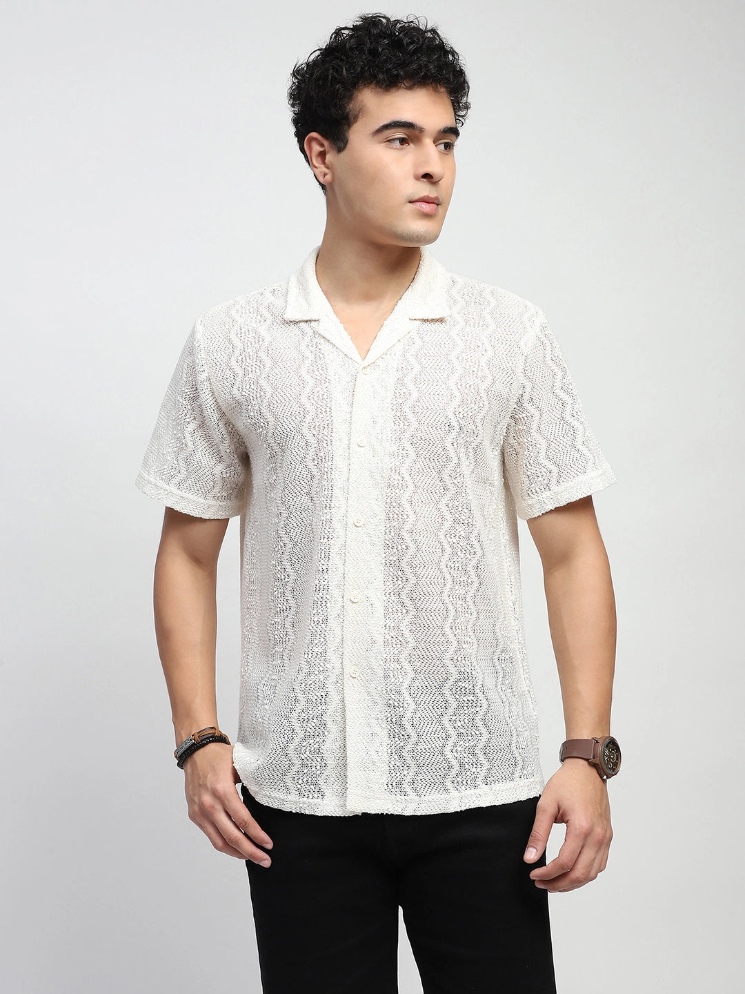 Ecru blend Knit Relaxed Fit Shirt - Global Republic