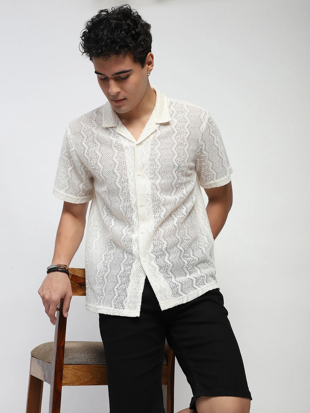 Ecru blend Knit Relaxed Fit Shirt - Global Republic