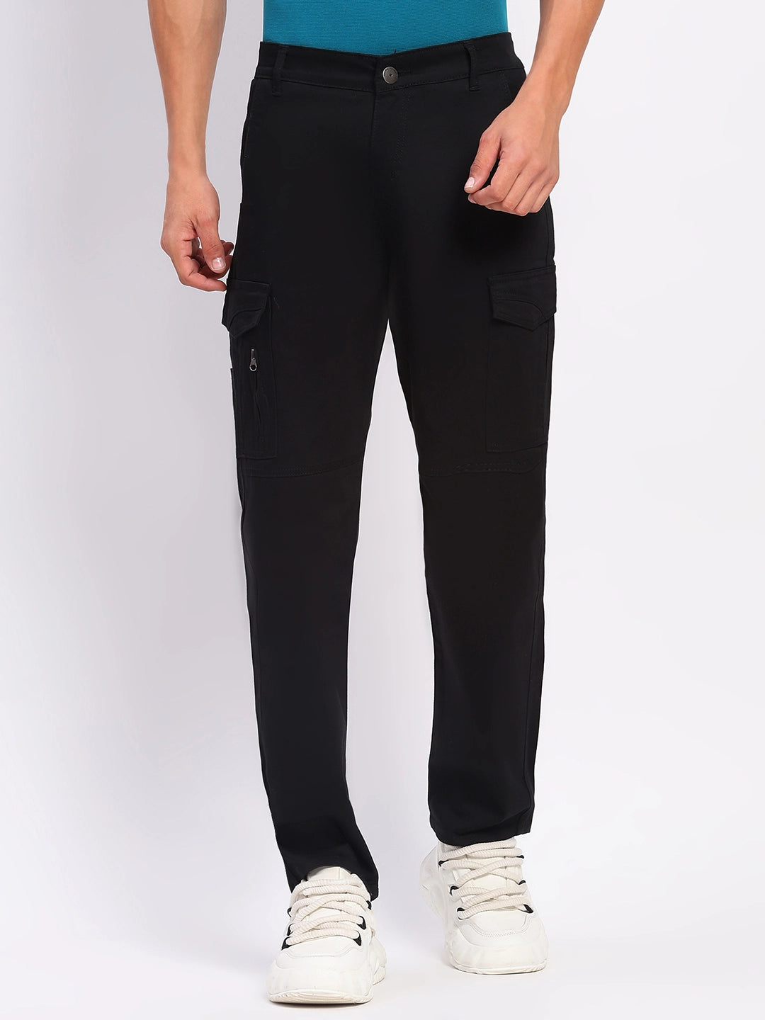 Black Cotton Blend Regular Fit Cargo - Global Republic