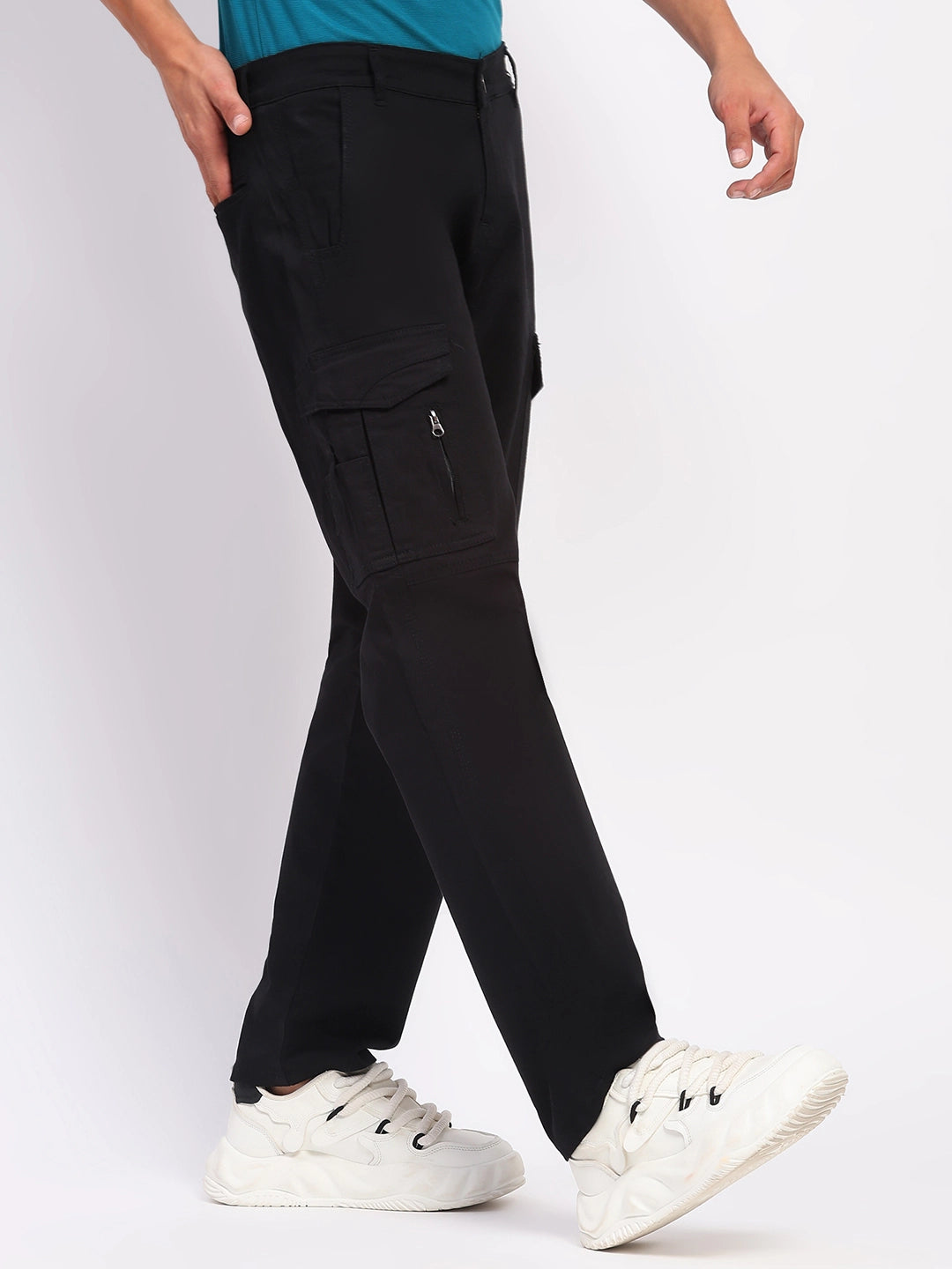 Black Cotton Blend Regular Fit Cargo - Global Republic