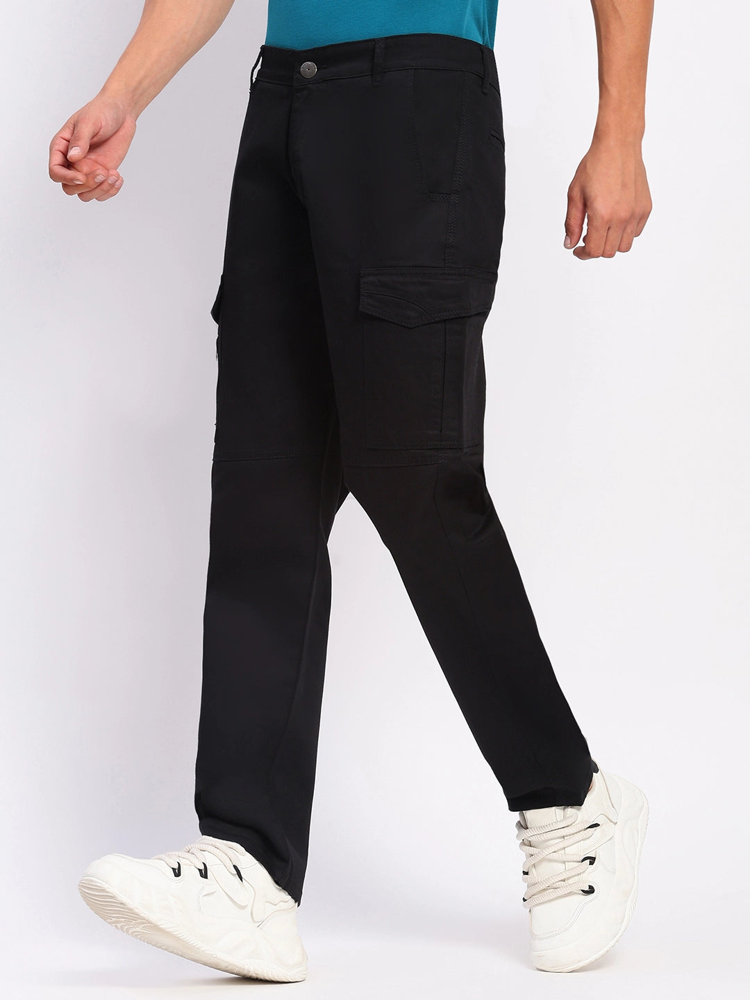 Black Cotton Blend Regular Fit Cargo - Global Republic