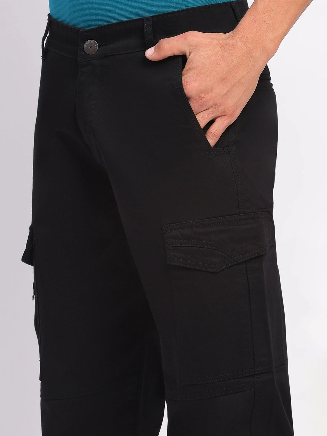 Black Cotton Blend Regular Fit Cargo - Global Republic