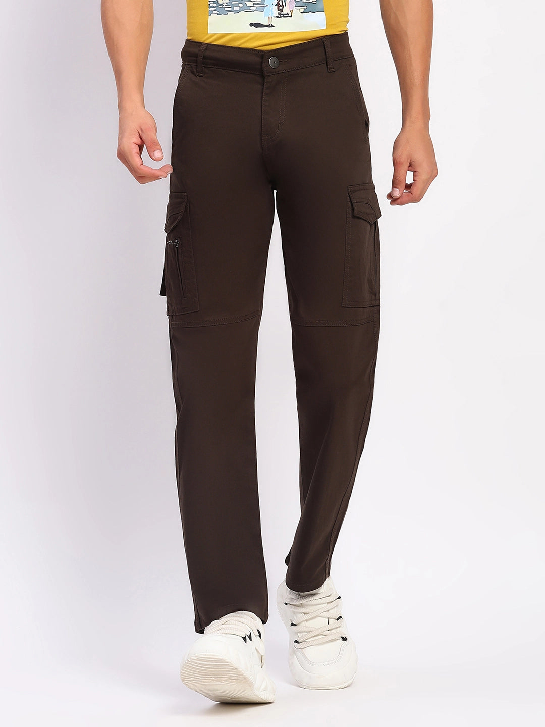Brown Cotton Blend Regular Fit Cargo - Global Republic