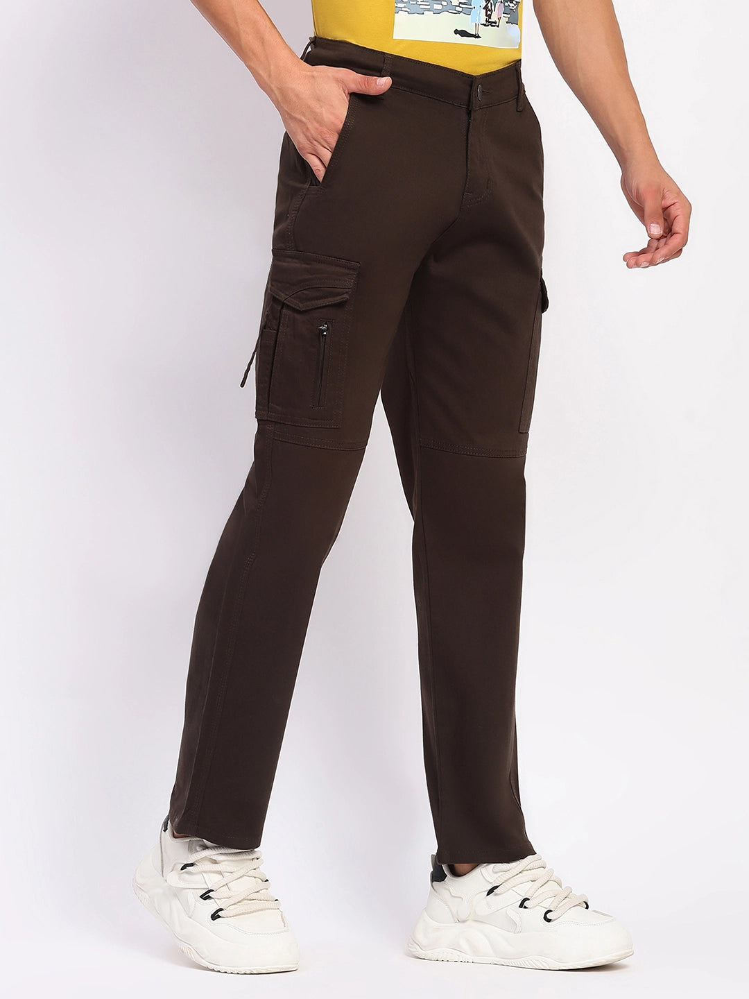 Brown Cotton Blend Regular Fit Cargo - Global Republic