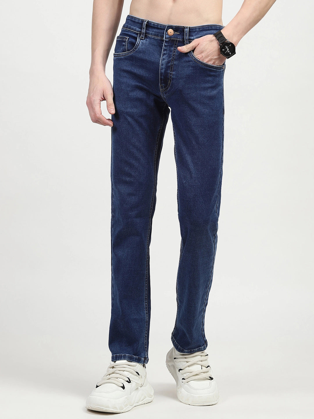 Dark Blue Regular Fit Solid Jeans - Global Republic