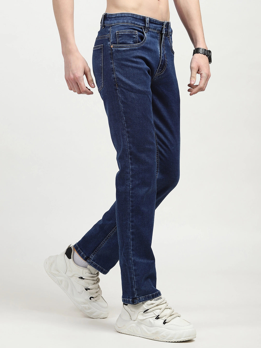 Dark Blue Regular Fit Solid Jeans - Global Republic