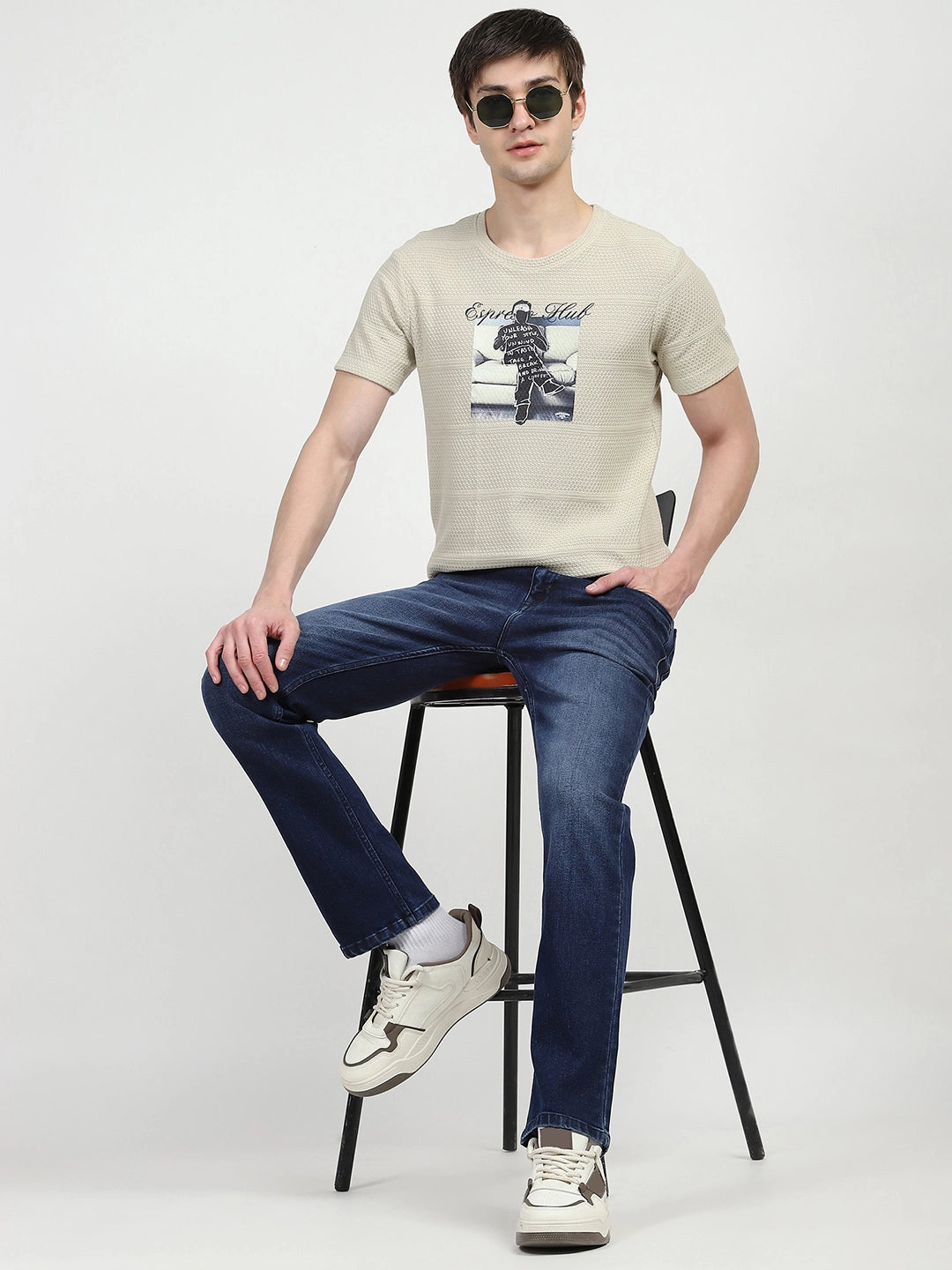 Dark Blue Solid Regular Fit Jeans - Global Republic