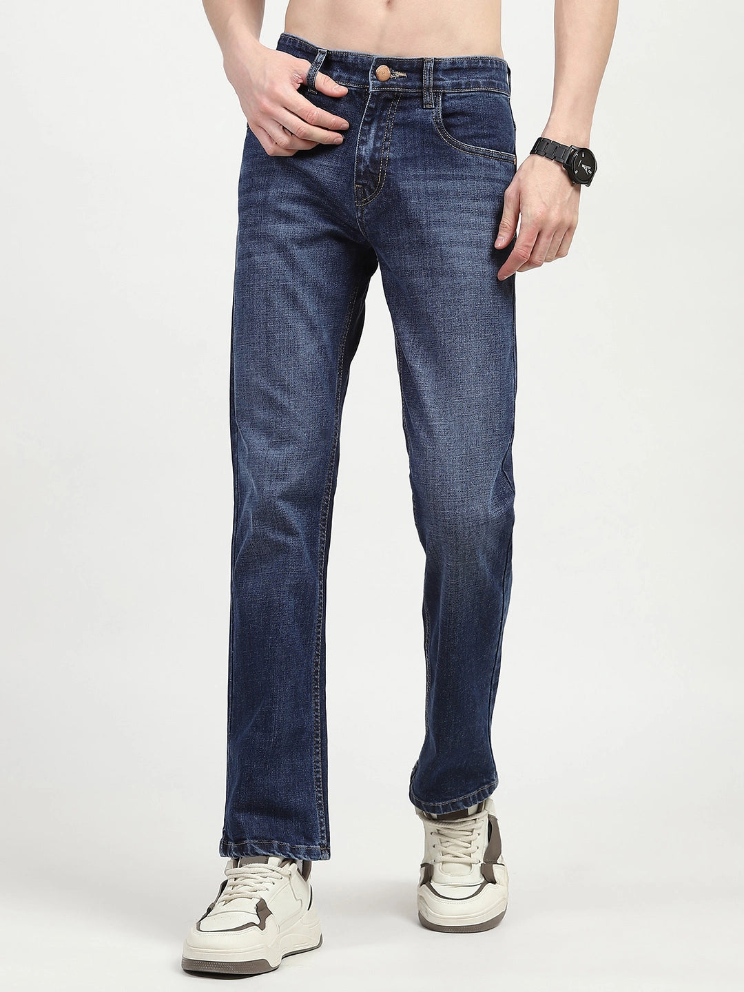 Blue Solid Regular Fit Jeans - Global Republic