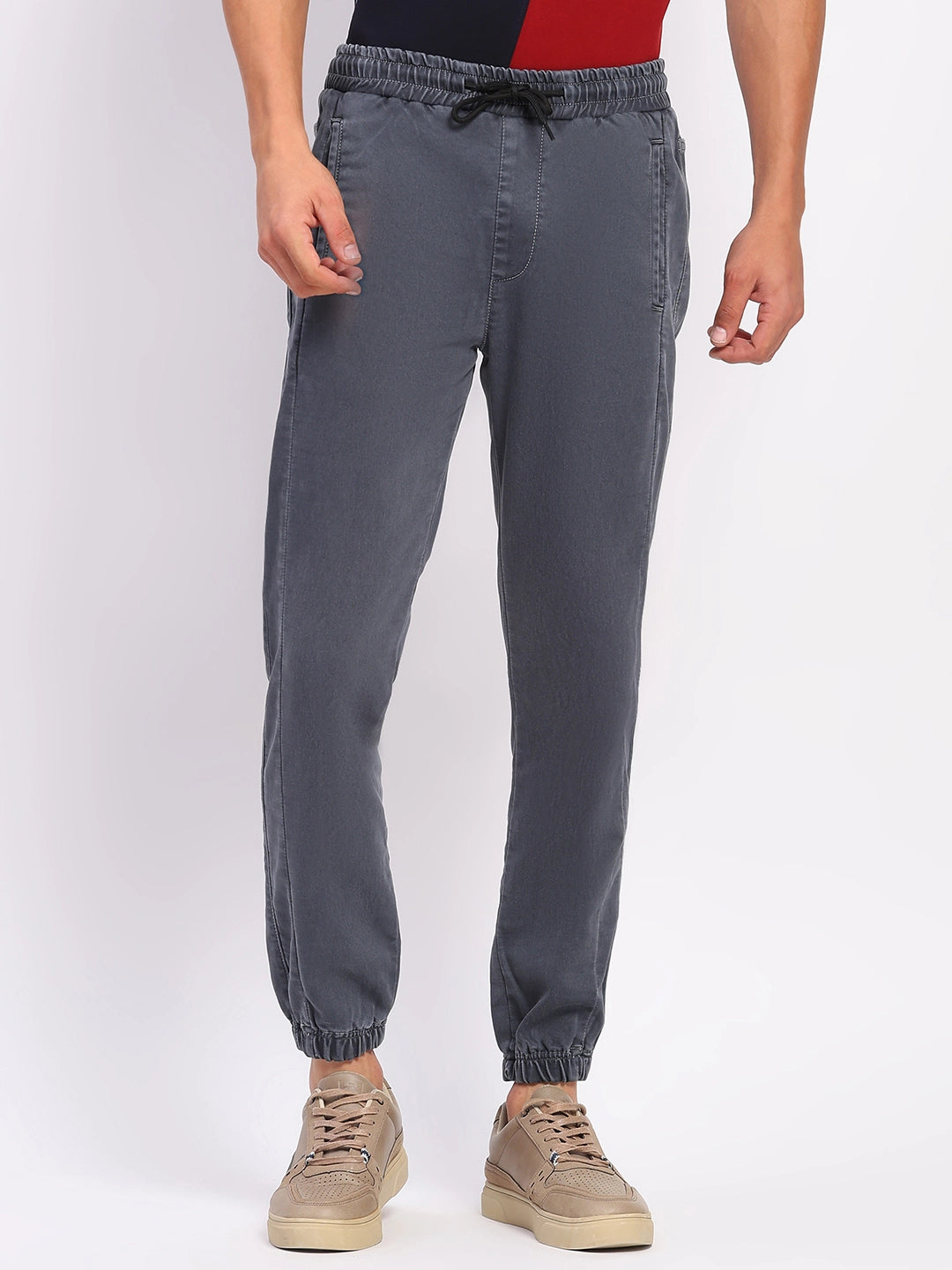 Solid Grey Stretchable Cotton Blend Joggers - Global Republic