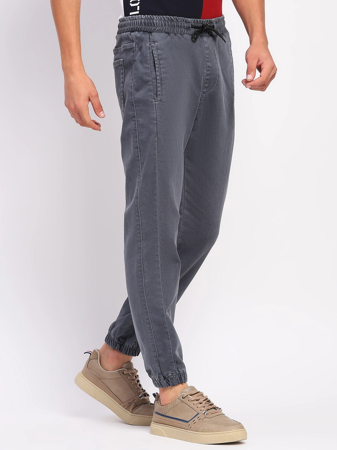 Solid Grey Stretchable Cotton Blend Joggers - Global Republic