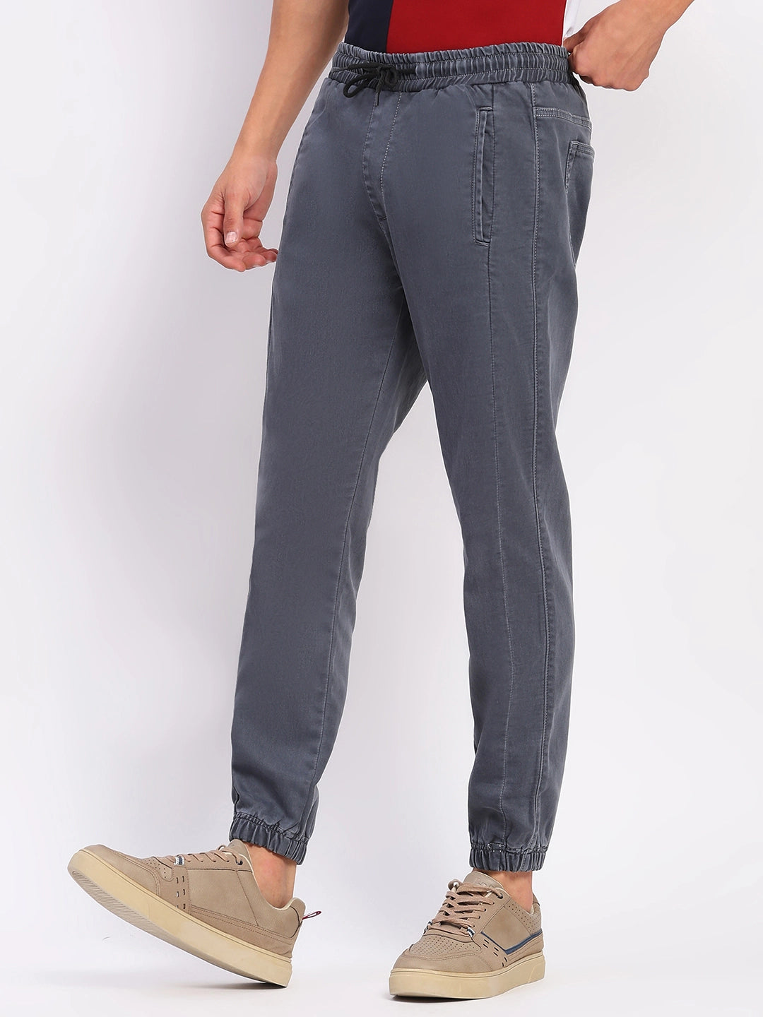 Solid Grey Stretchable Cotton Blend Joggers - Global Republic