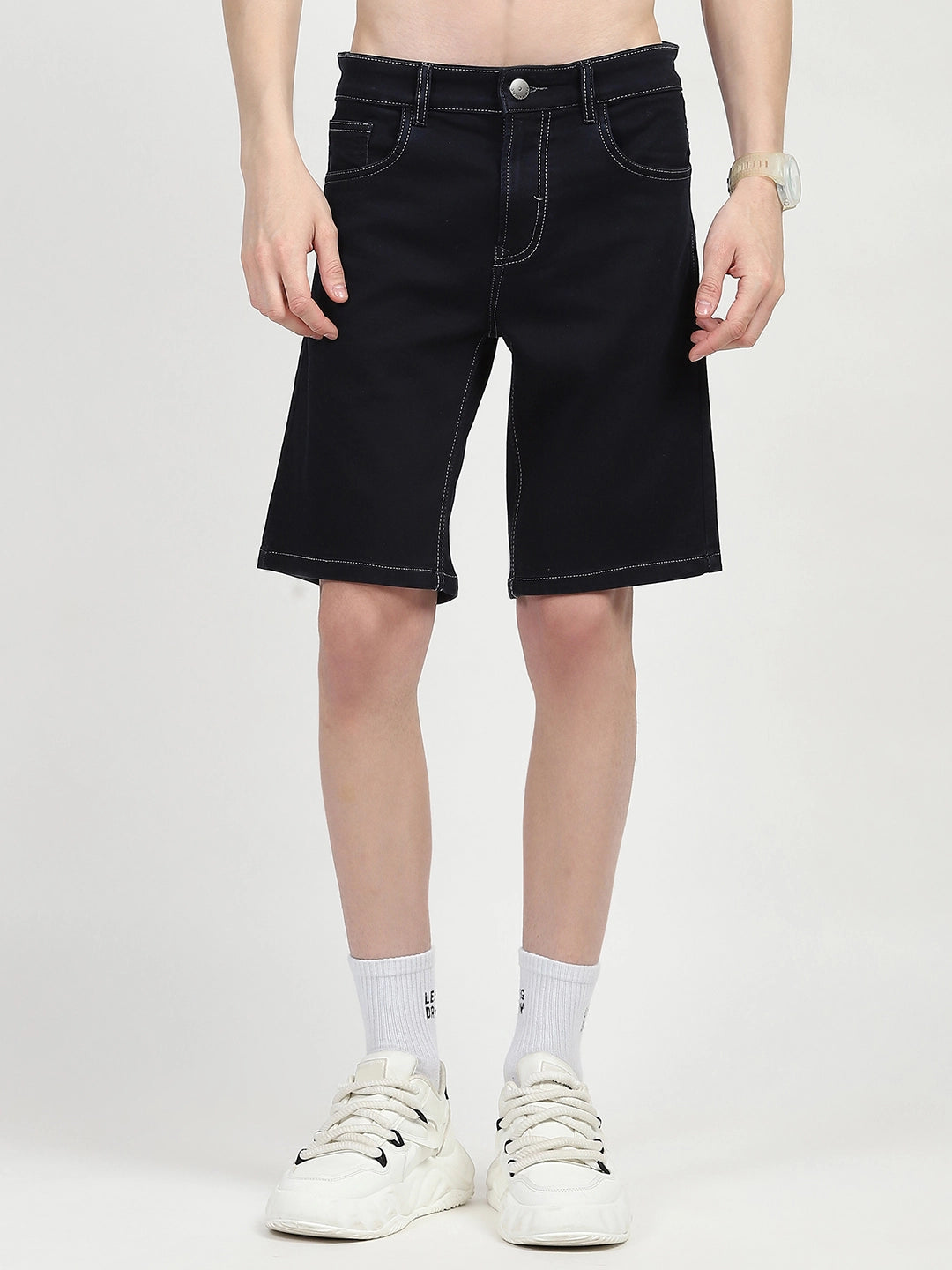 Navy Blue Cotton Denim Shorts - Global Republic