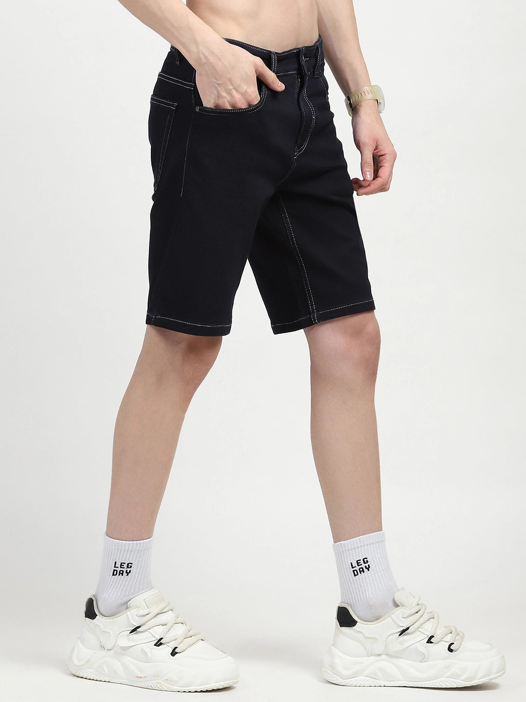 Navy Blue Cotton Denim Shorts - Global Republic