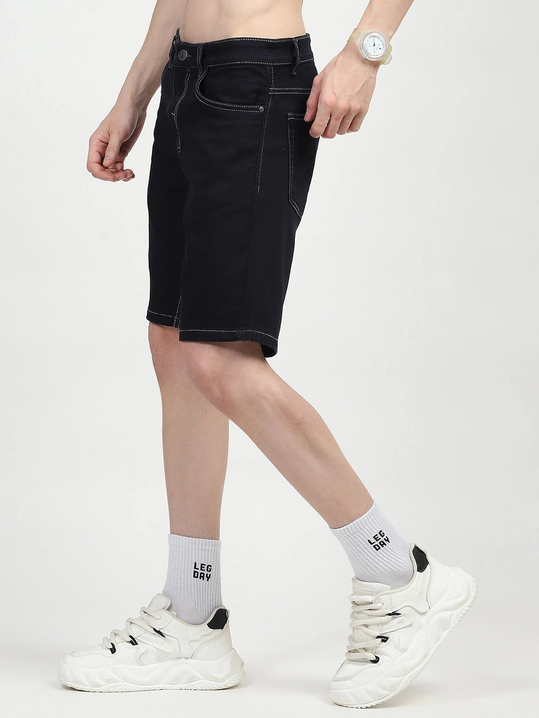 Navy Blue Cotton Denim Shorts - Global Republic