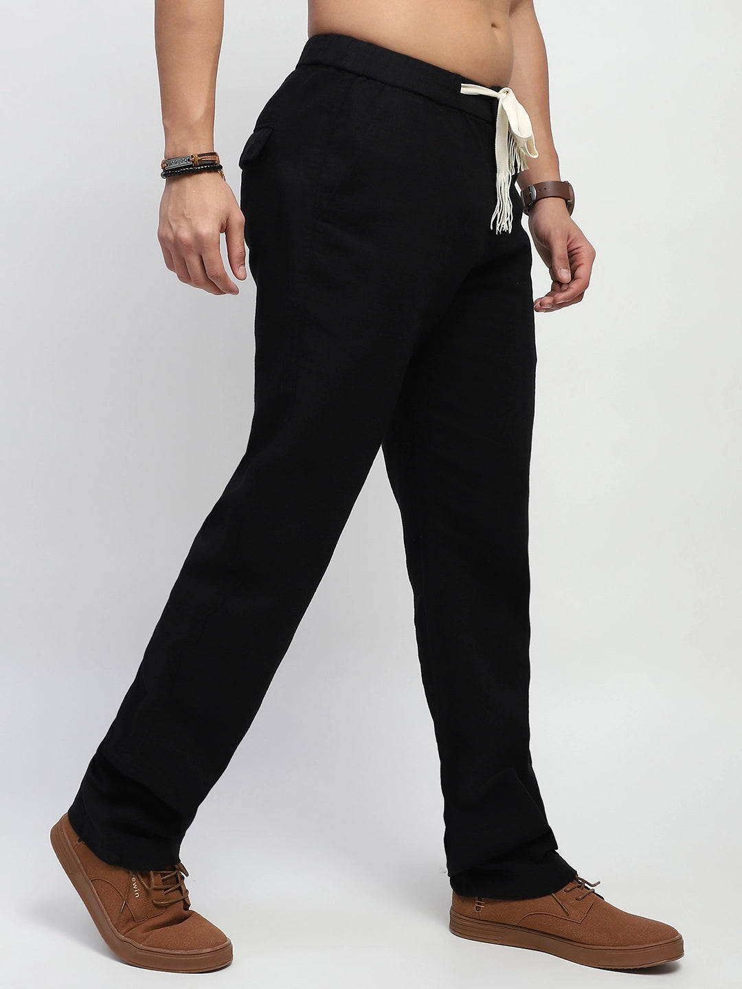 Black Solid Cotton Loose Fit Trouser - Global Republic