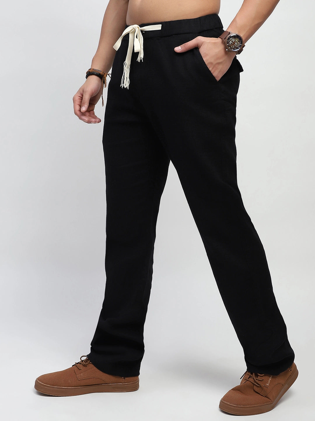 Black Solid Cotton Loose Fit Trouser - Global Republic