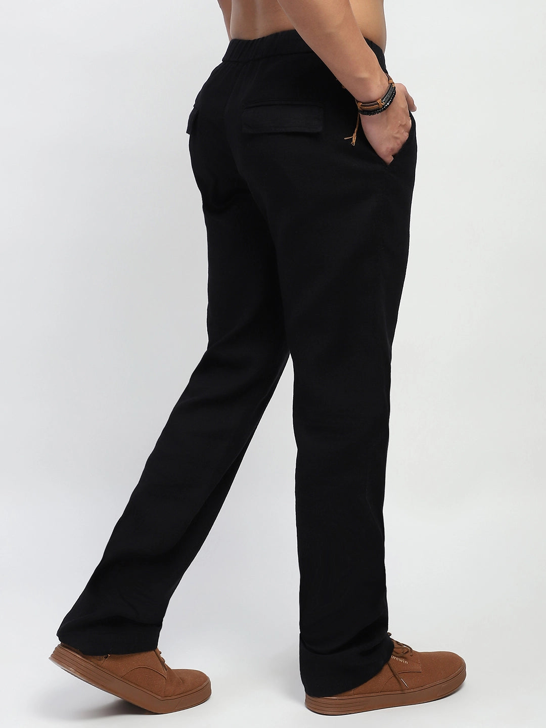 Black Solid Cotton Loose Fit Trouser - Global Republic
