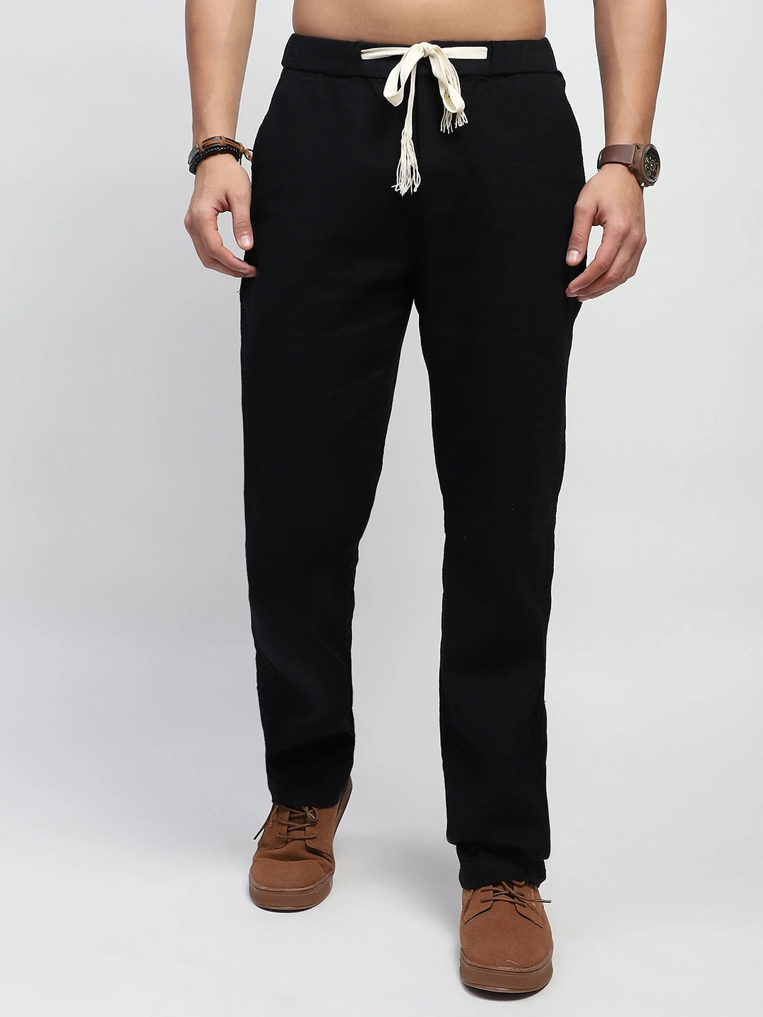 Black Solid Cotton Loose Fit Trouser - Global Republic