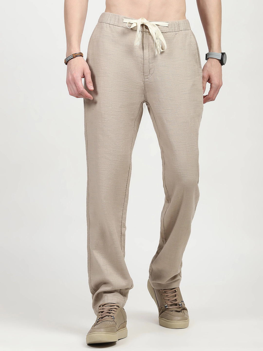 Beige Solid Cotton Loose Fit Trouser - Global Republic