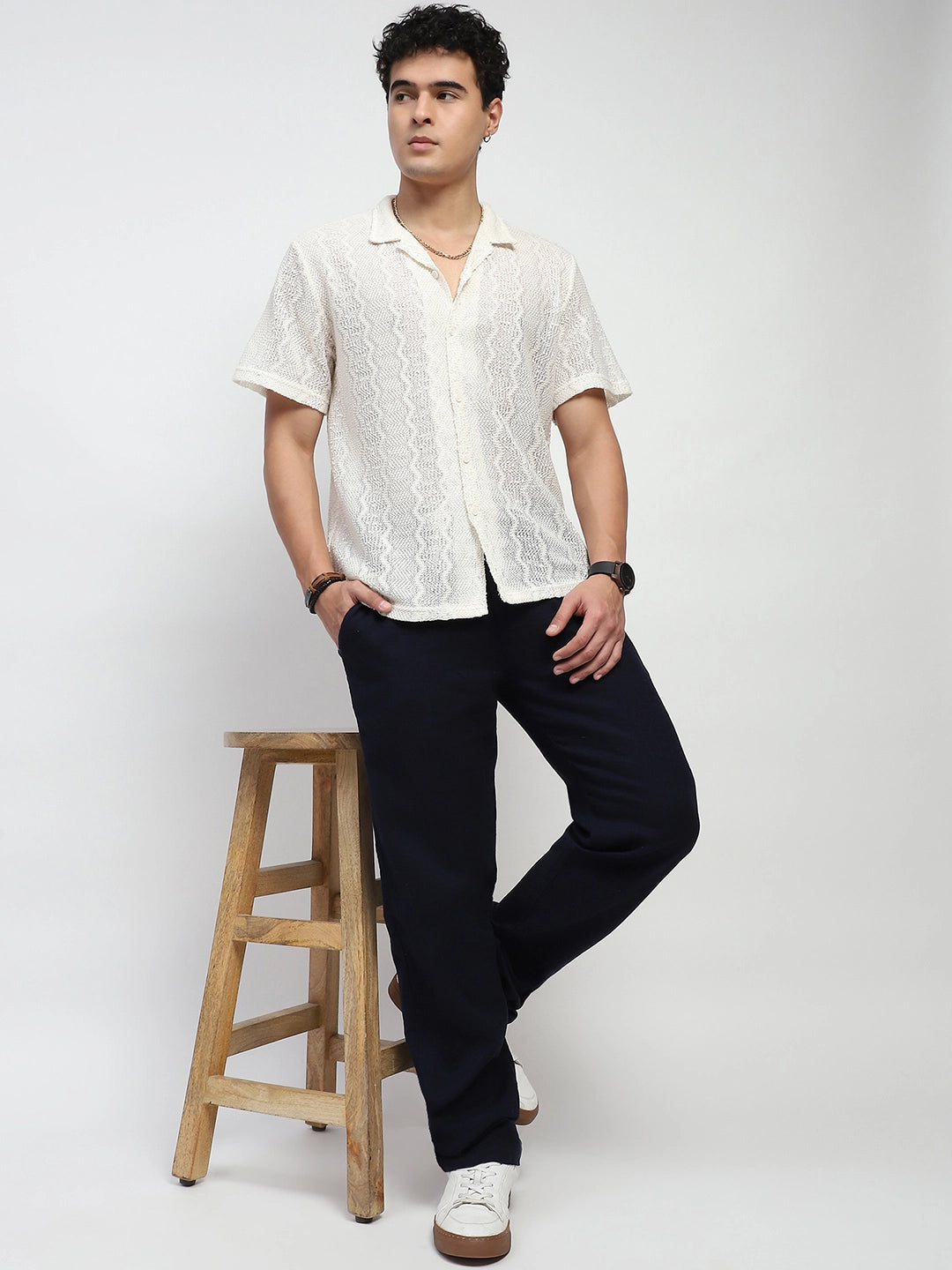 Navy Solid Cotton Loose Fit Trouser - Global Republic