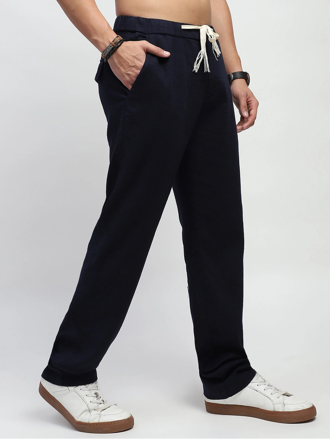 Navy Solid Cotton Loose Fit Trouser - Global Republic