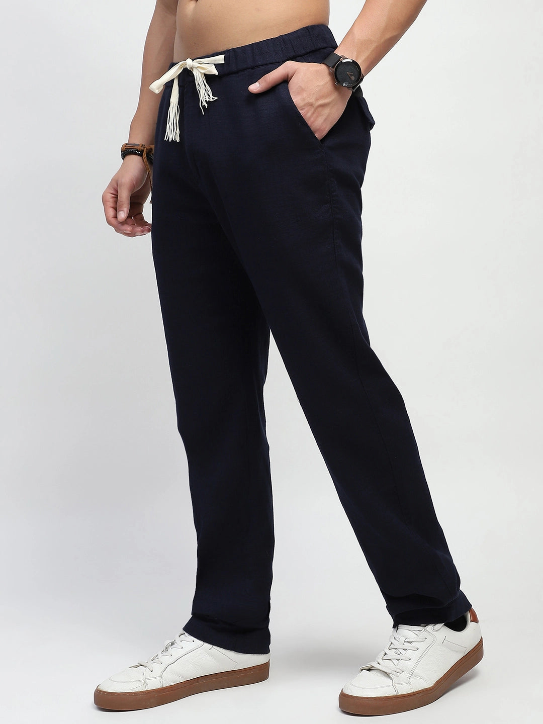 Navy Solid Cotton Loose Fit Trouser - Global Republic