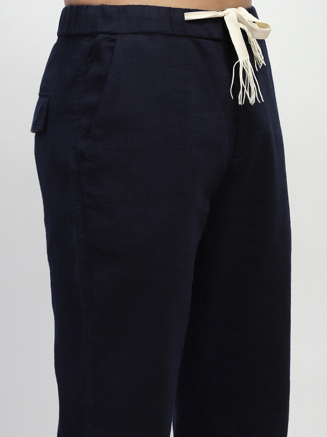 Navy Solid Cotton Loose Fit Trouser - Global Republic