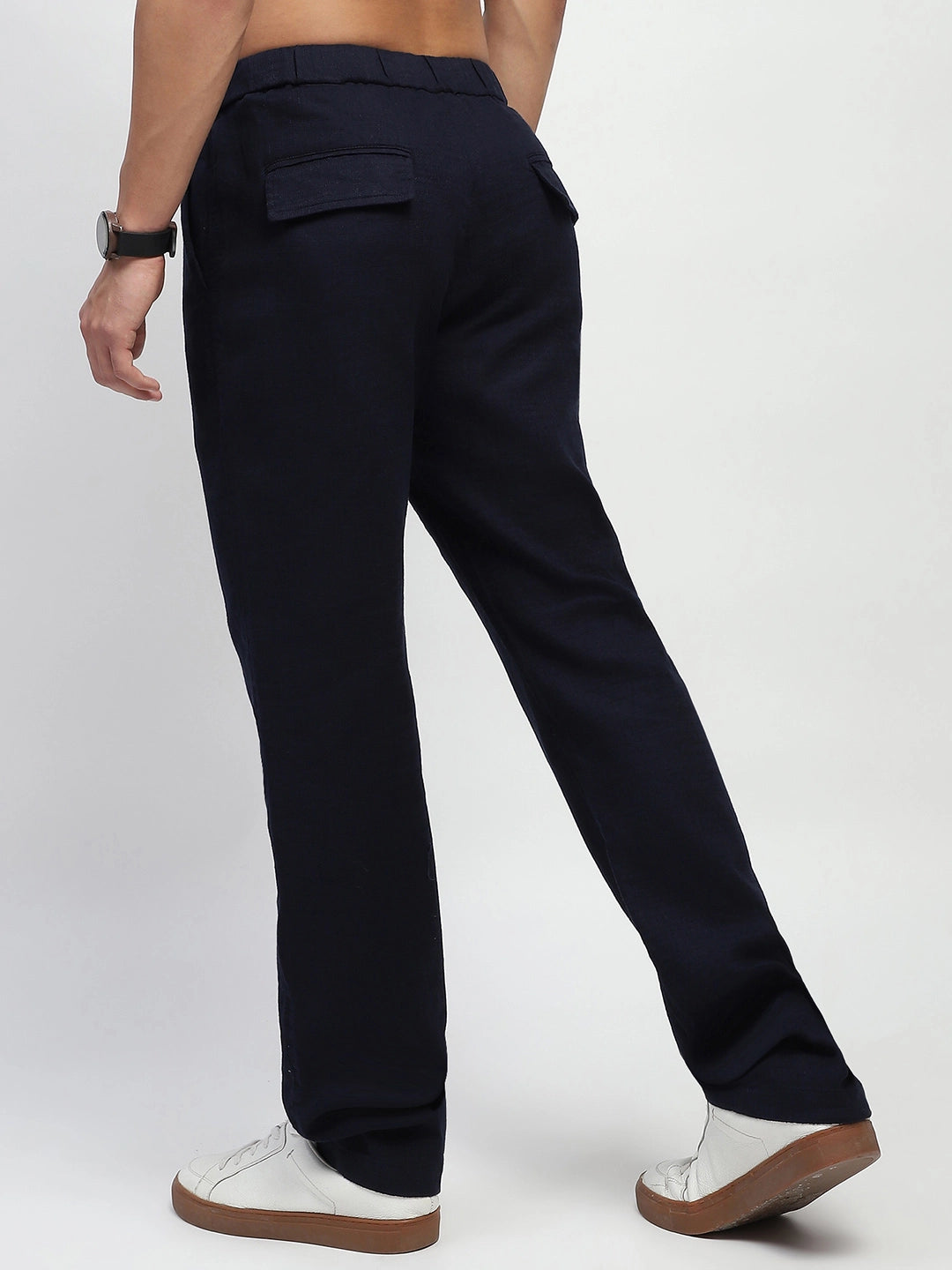 Navy Solid Cotton Loose Fit Trouser - Global Republic