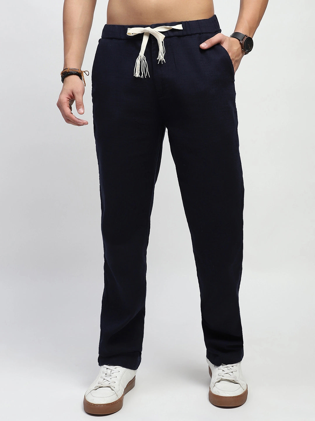 Navy Solid Cotton Loose Fit Trouser - Global Republic