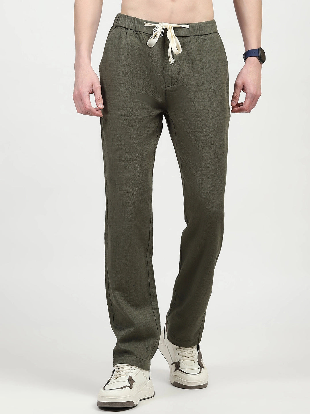 Olive Solid Cotton Loose Fit Trouser - Global Republic