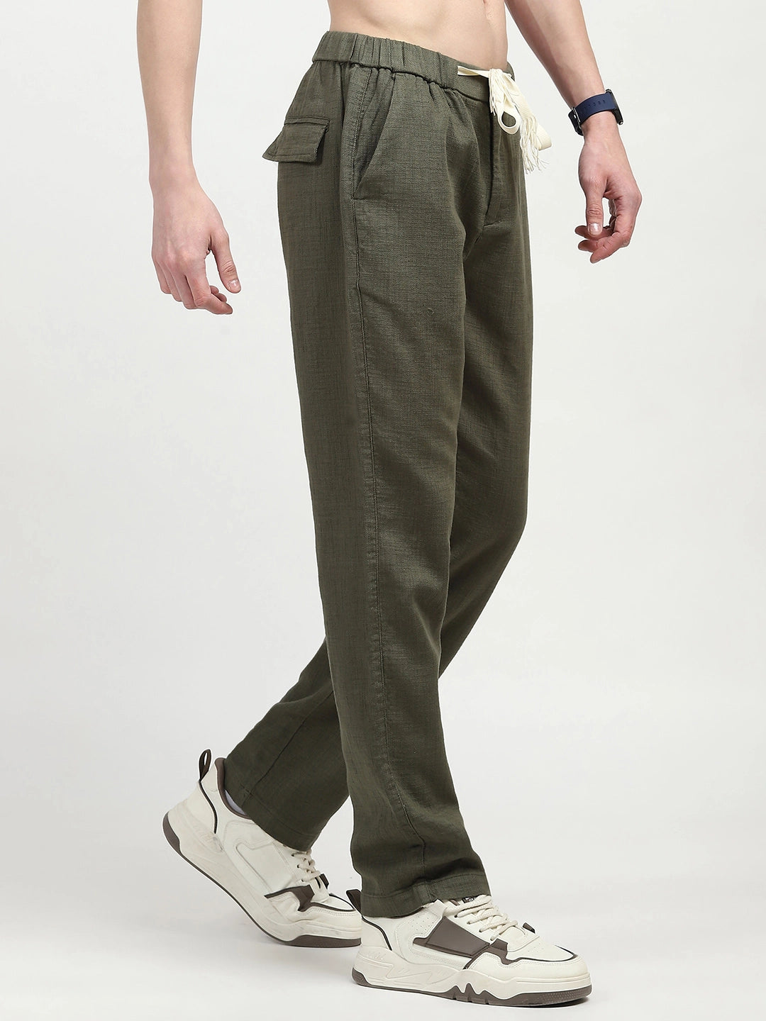 Olive Solid Cotton Loose Fit Trouser - Global Republic
